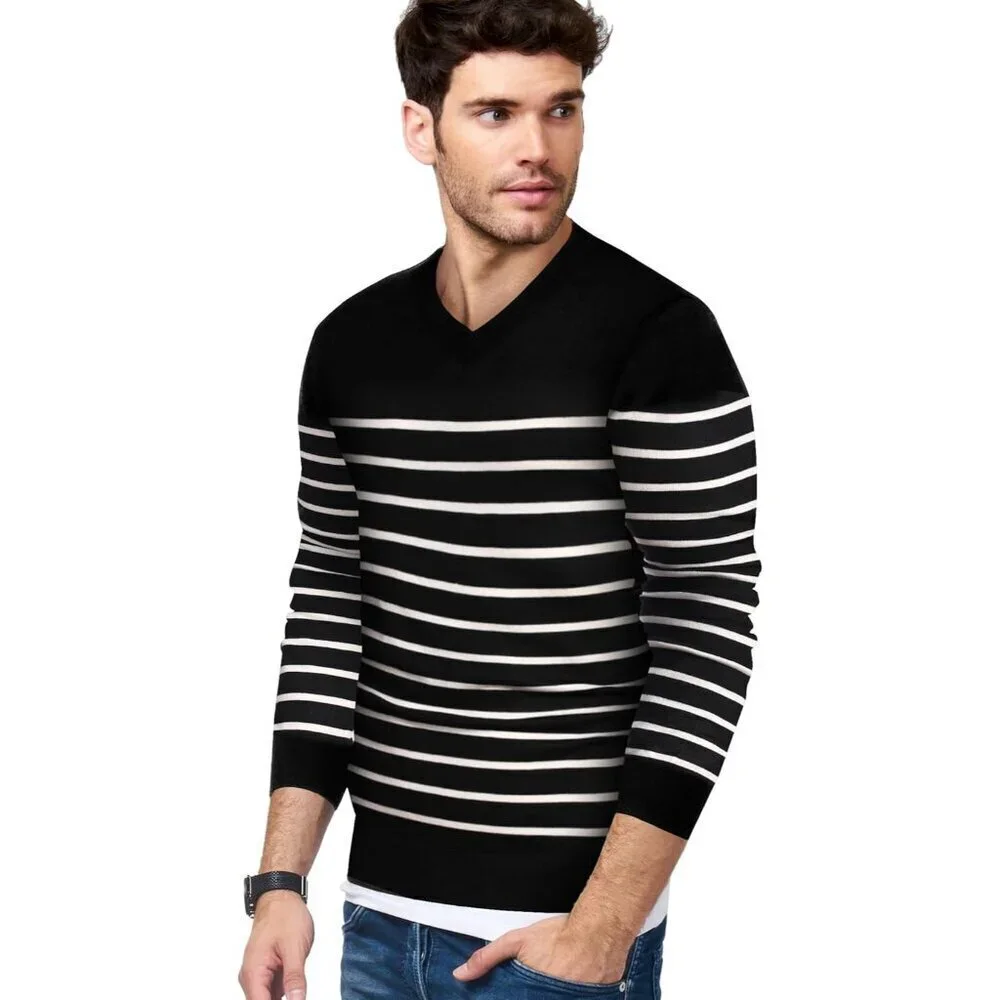 Mens V Neck Dress Sweater Knit Long Sleeve Slim Fit Sweaters Fashion Pullover Sw
